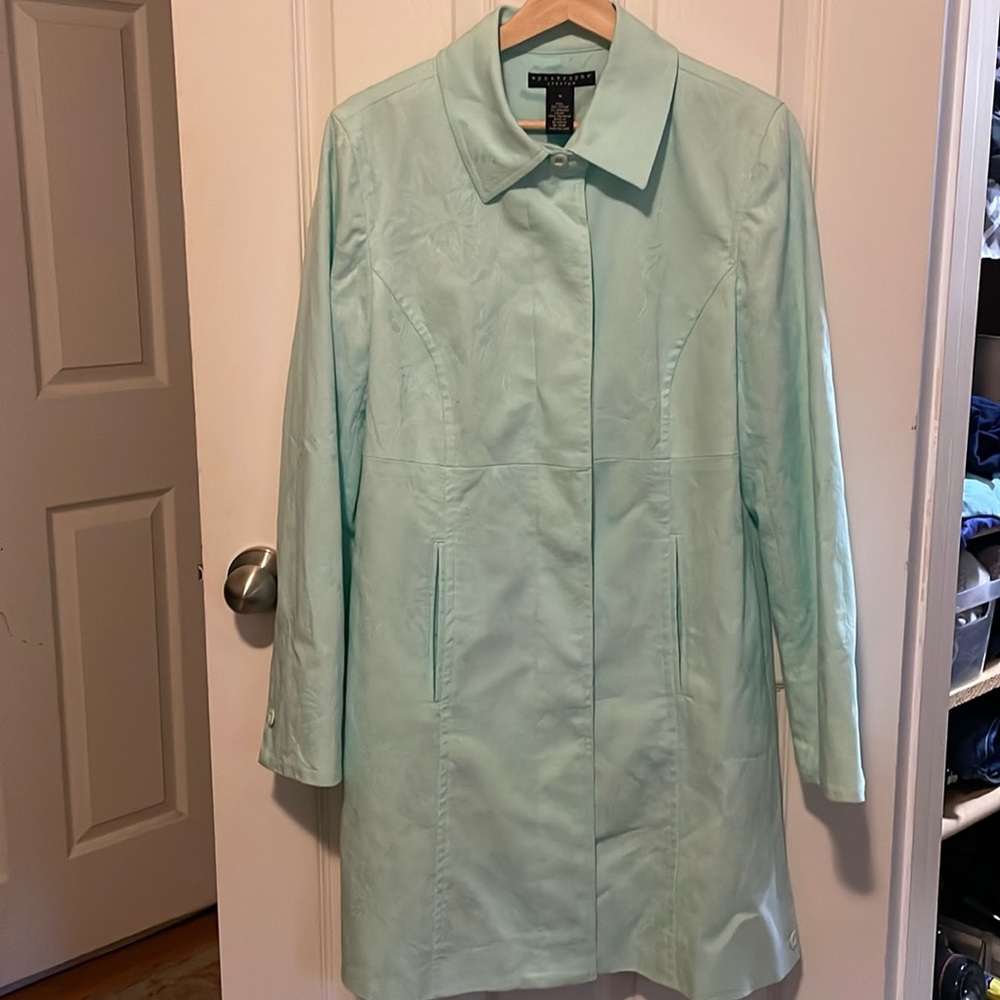 Springtime light mint green overcoat in a jacquard print.